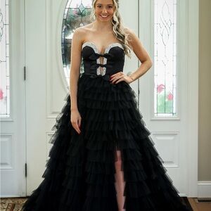 Sherri Hill Black Strapless Ruffle Gown